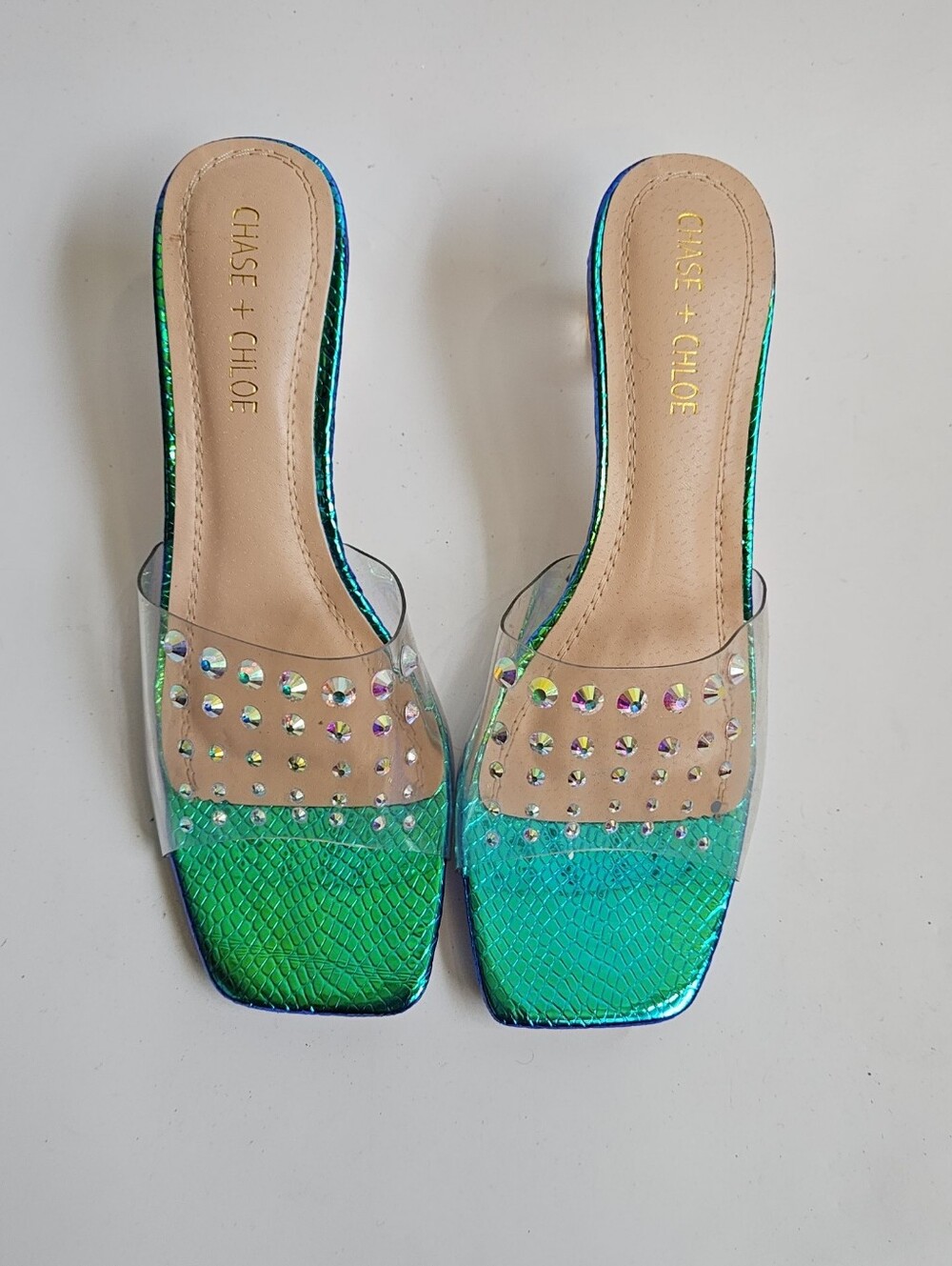 Chase + Chloe Clear Iridescent Green/Blue Rhinestone Clear-Upper Slip-On Mules